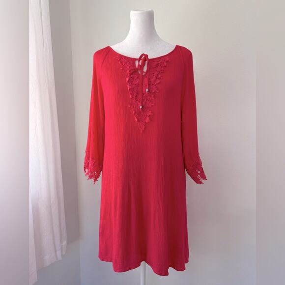Naïf Coral Pink 3/4 Sleeve Crochet Shift Tunic Mini Dress - Picture 1 of 9